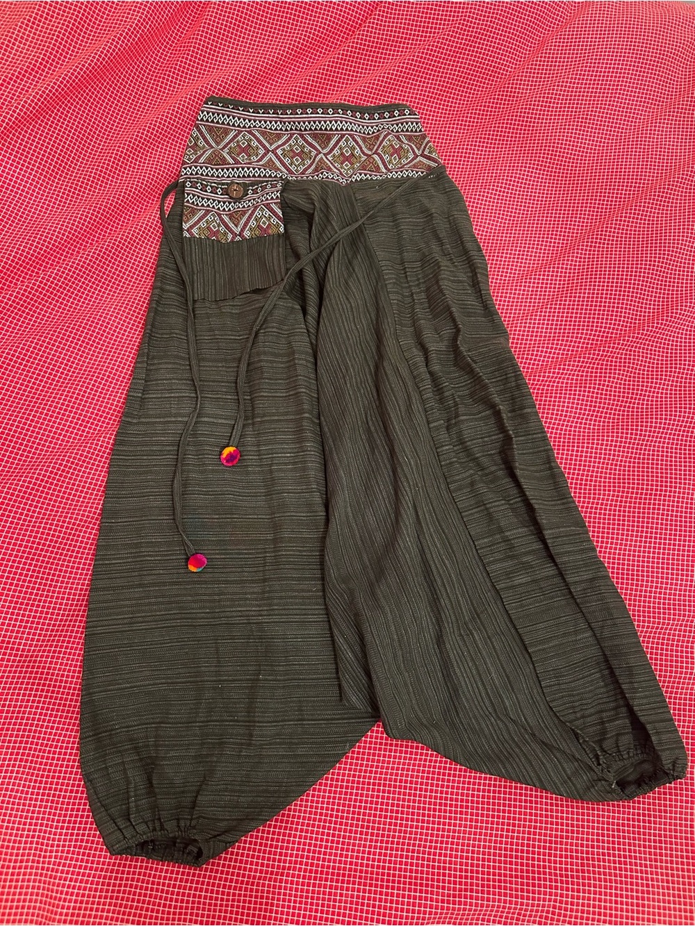 Bohemian Elastic-Waist Olive Haram Pants with Embroidered Waist